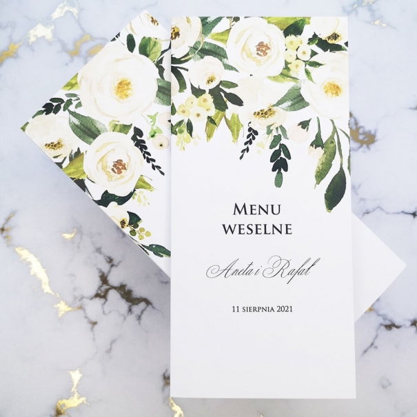 Karta dań, menu weselne z motywem kwiatów piwonii