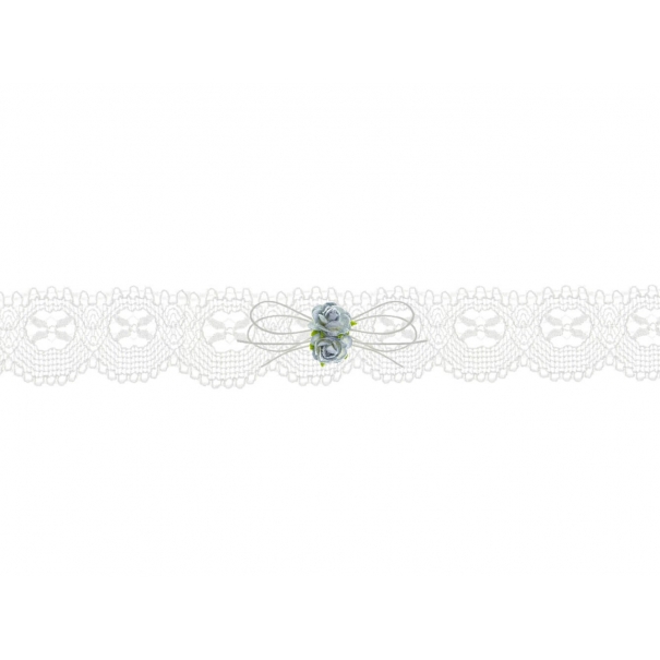 Biała podwiązka ślubna koronkowa z delikatnie niebieskimi różyczkami