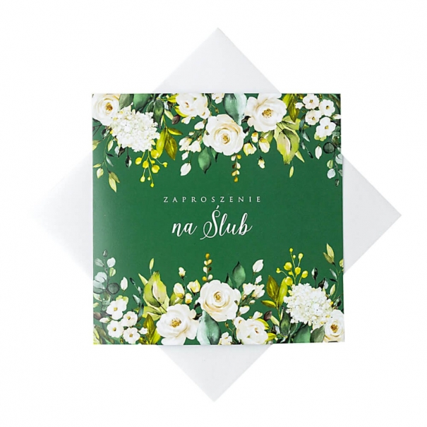 Zielone zaproszenie na ślub do samodzielnego wypisania z motywem białych róż