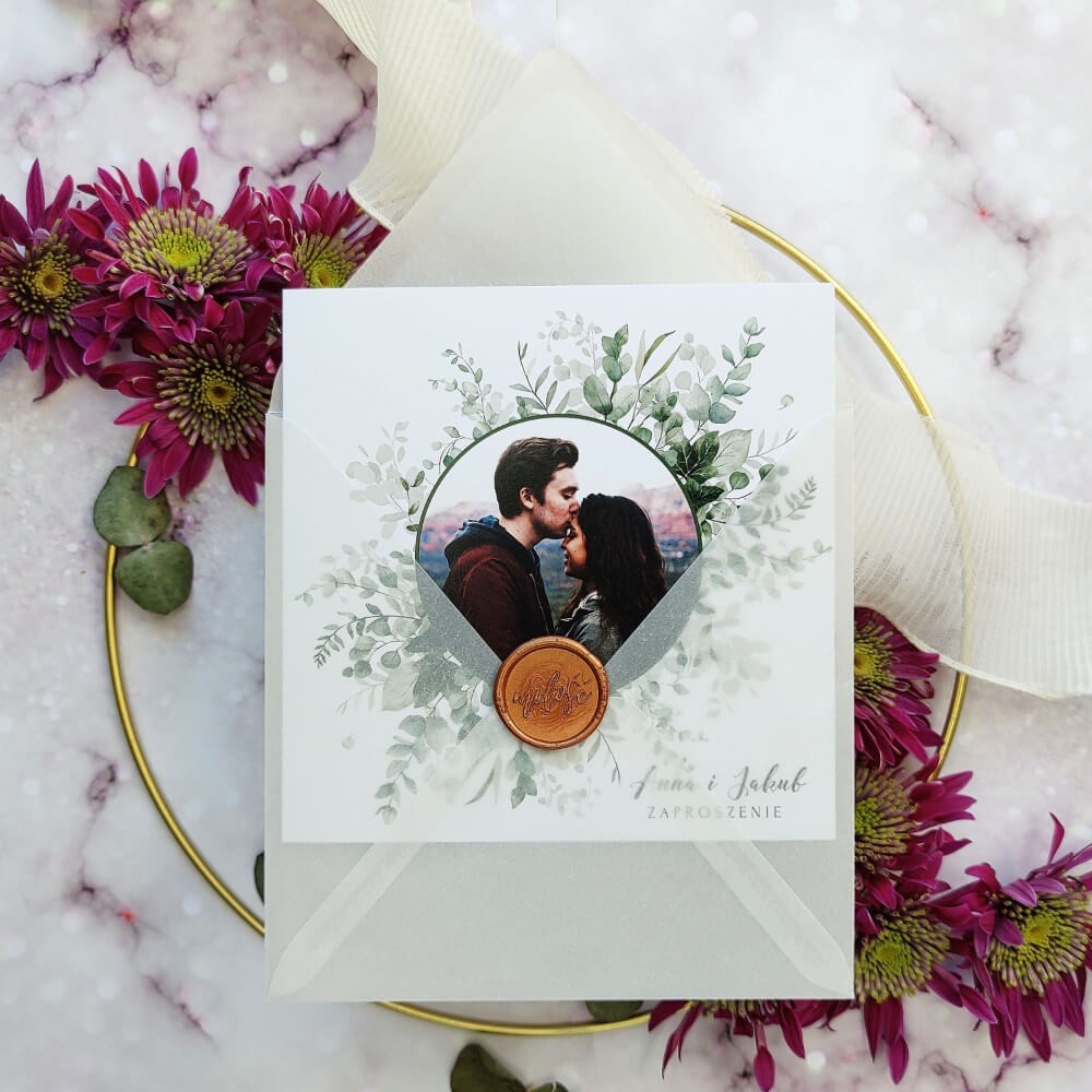 Zaproszenia ślubne ze zdjęciem z kolekcji eukaliptusowej