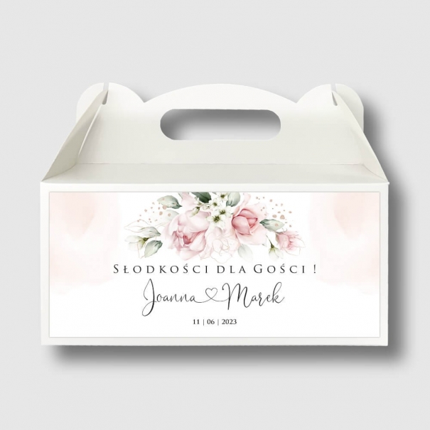 Akwarelowe pudełko na ciasto weselne z motywem różowych róż