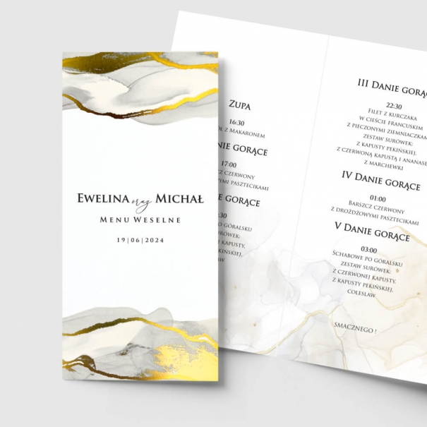 Złocone menu weselne z godzinami. Piękna marmurkowa grafika.