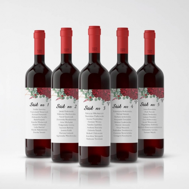 Etykiety na Wino z Planem Stołu Bordowe Piwonie | RoyalDekor