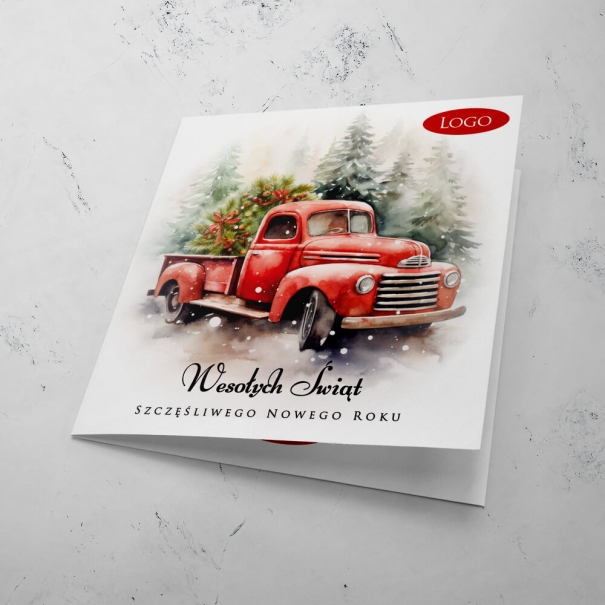 Kartka Świąteczna: Czerwony Samochód z Choinką w Zimowej Scenerii - Royaldekor