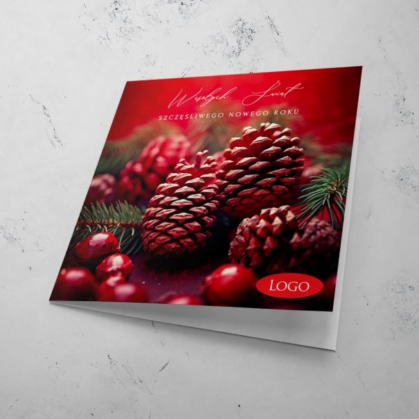 Kartka Świąteczna z Szyszkami i Czerwonymi Ozdobami - Royaldekor