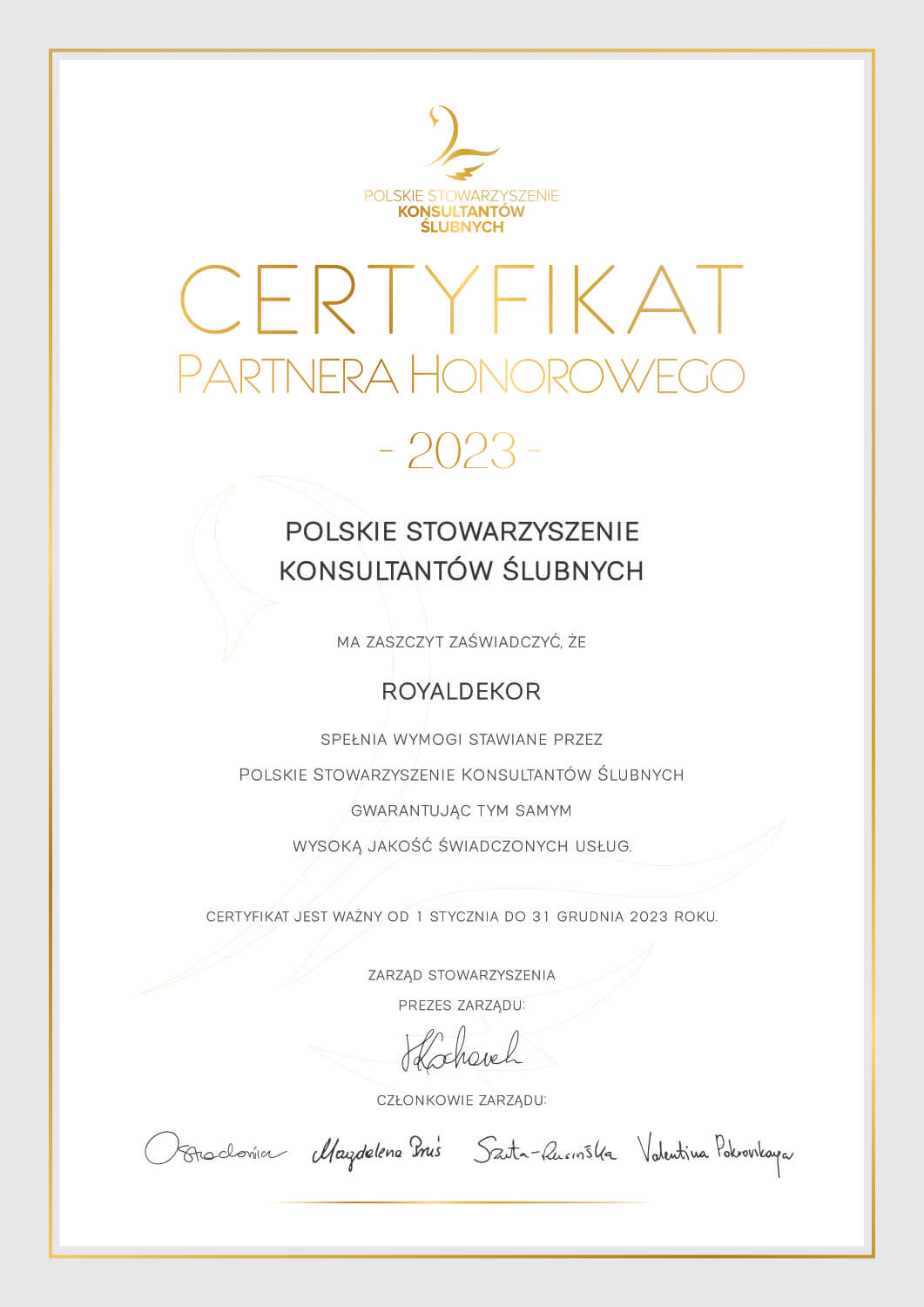 certyfikat Polskiego Stwowarzyszenia Konsultantów Ślubnych 2023 dla Royaldekor